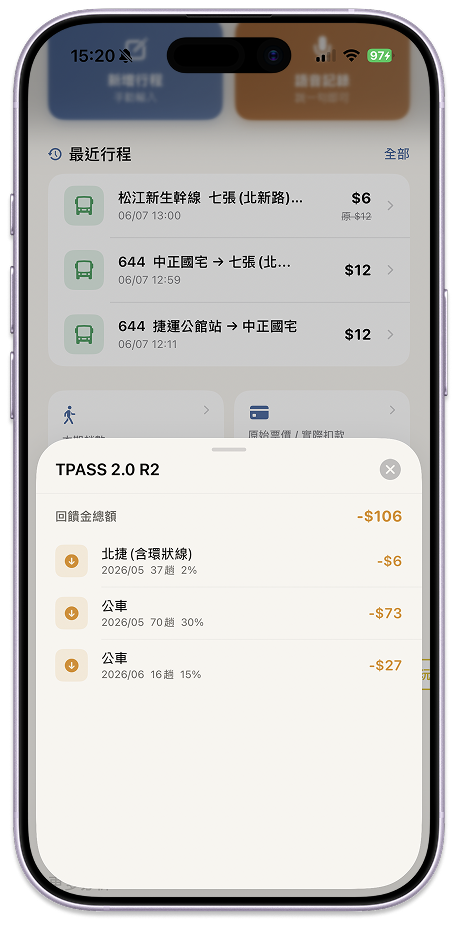 回饋金明細，逐項列出轉乘折抵金額
